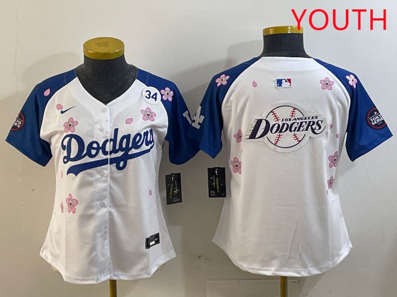 Youth Los Angeles Dodgers Blank White Blue Sakura Edition 2025 Nike MLB Jersey style 28->youth mlb jersey->Youth Jersey